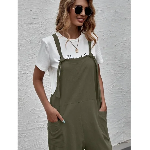 Army Green Casual Overalls w/ Pockets Rolled Up Hem - Picture 3 of 7